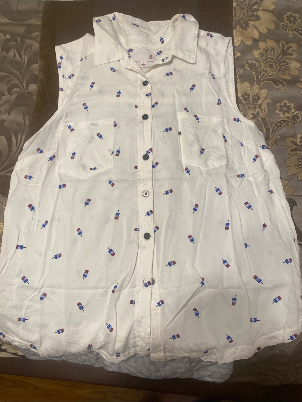 SO White Sleeveless Button-Up Top with Red & Blue Popsicle Print